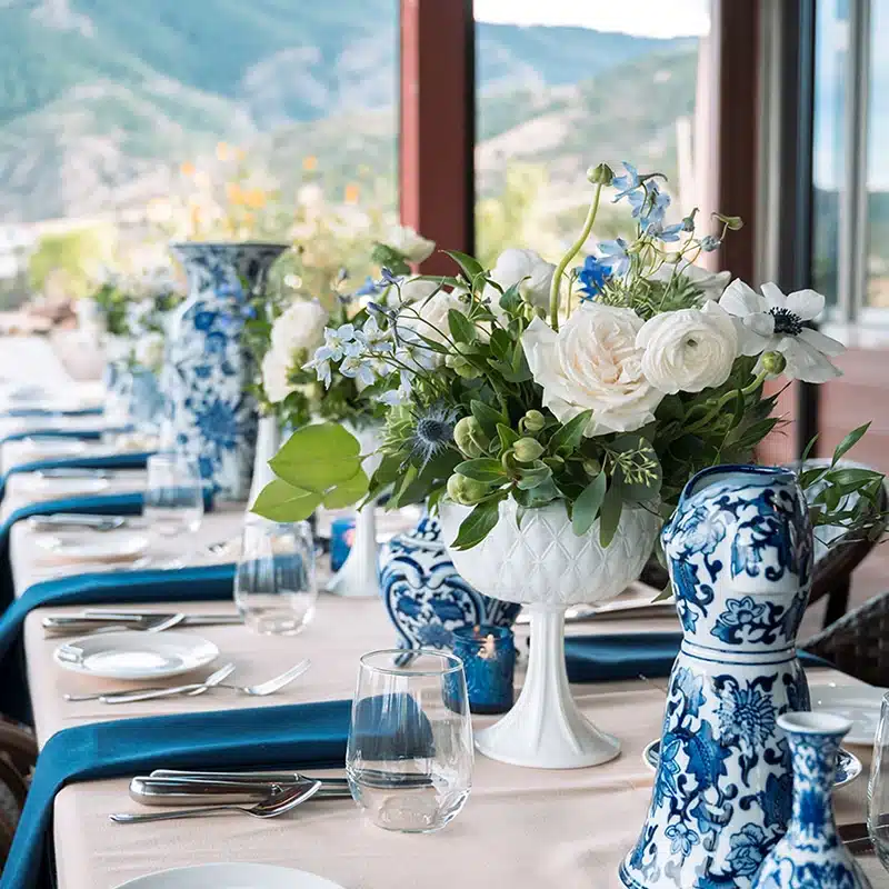 Elegantly decorated table with a mountain view in the background