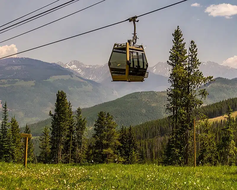 vail_163851940 A gondola in Vail Colorado is seen above a green meadow in the summer