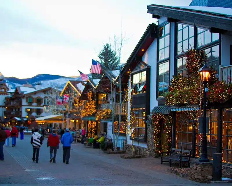 People walk along the streets in Vail Colorado
